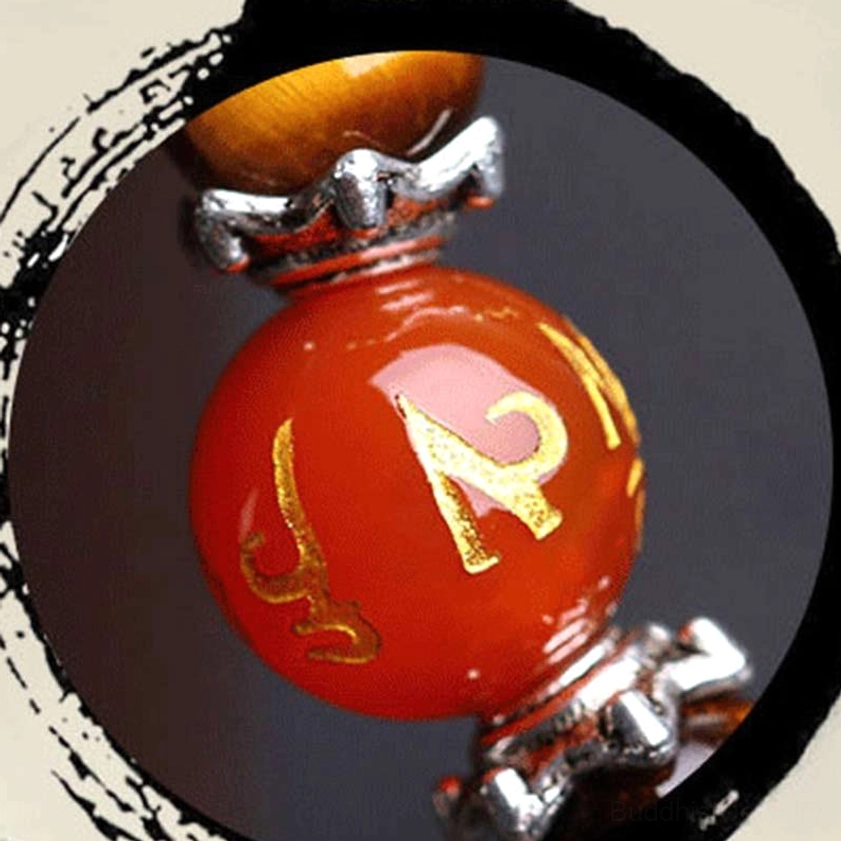 Red agate prayer bead engraved Tibetan sutra text gold gilt silver hardware detail