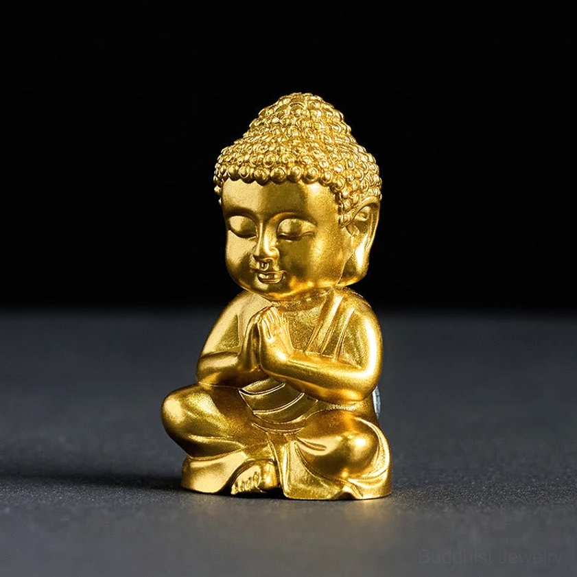 Prayer Buddha statue right three-quarter view showing detailed curly hair and prayer hand gesture