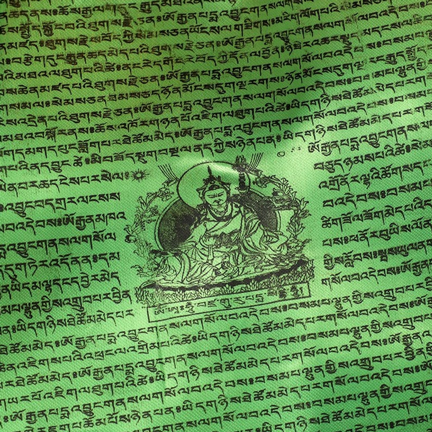 Green Buddhist prayer flag panel with sacred Sanskrit mantras and Buddha deity print on premium fabric