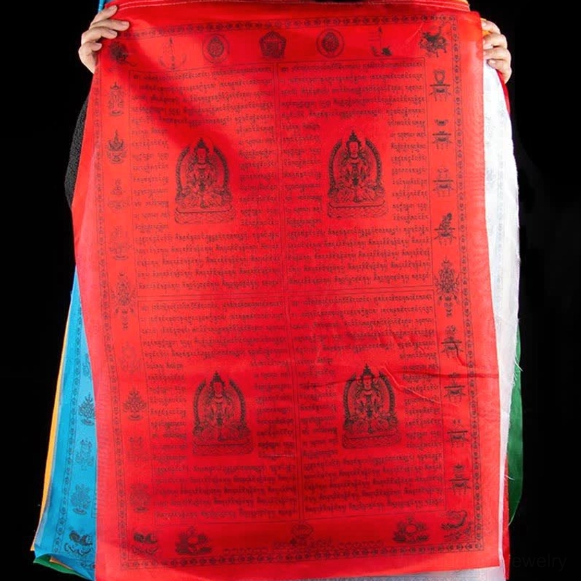 Buddhist prayer flag fabric showing sacred mantras compassion wisdom universal blessings for all beings