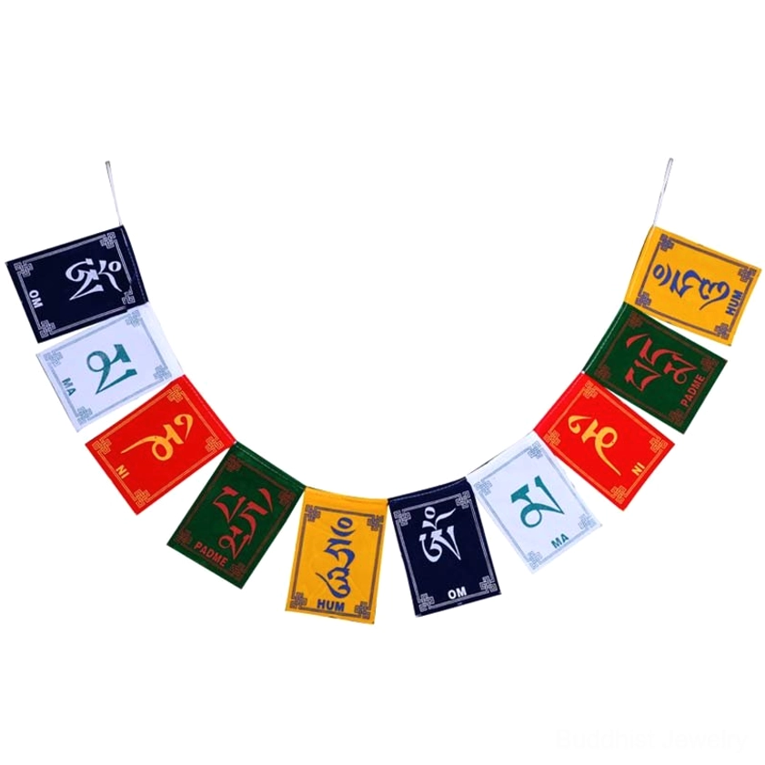 Buddhist prayer flags string with complete mantra text and protective Windhorse imagery