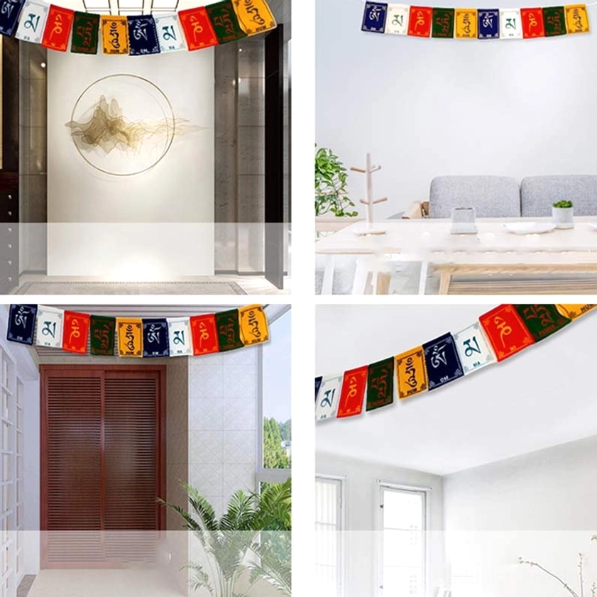 Multiple scenes of Buddhist prayer flags displayed in home: entryway, dining room, and meditation spaces