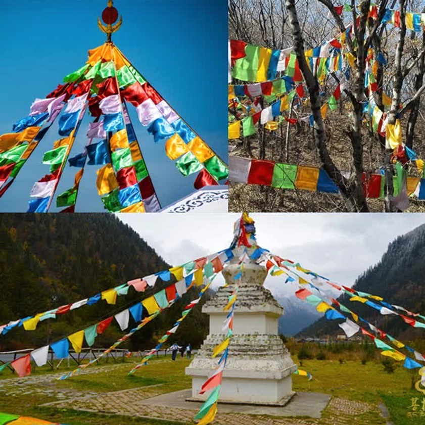 Buddhist prayer flags hung in multiple outdoor locations including mountain stupa and forest settings for spiritual blessing