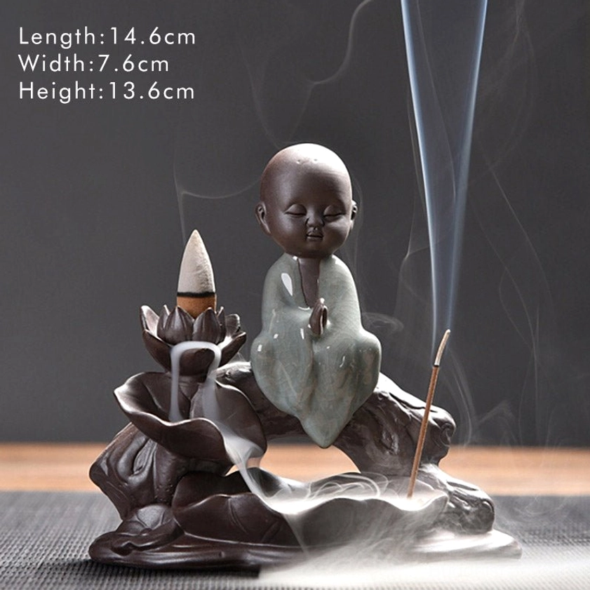 Prayer Little Monk ceramic backflow incense burner, artisan-crafted Buddhist meditation piece, brown ceramic with celadon glaze robes, spiritual décor for home or yoga studio