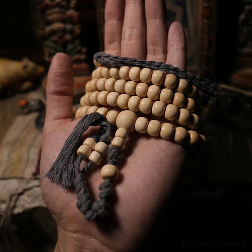 Abelia Biflora wood 108 bead Buddhist prayer mala bracelet variation size comparison