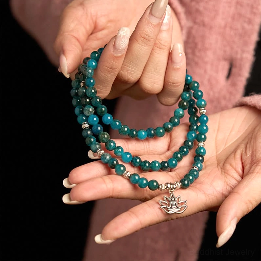Prayer mala beads bracelet handmade apatite stone with sacred Buddhist charm