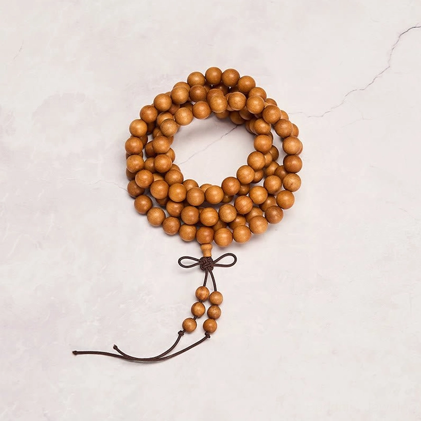 Tan round wooden sandalwood beads meditation mala with simple knotted tassel
