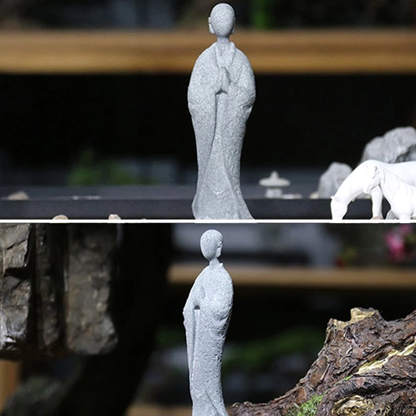 Standing Prayer Pose Buddha Statue 18cm Matte Grey Sandstone Spiritual Decor