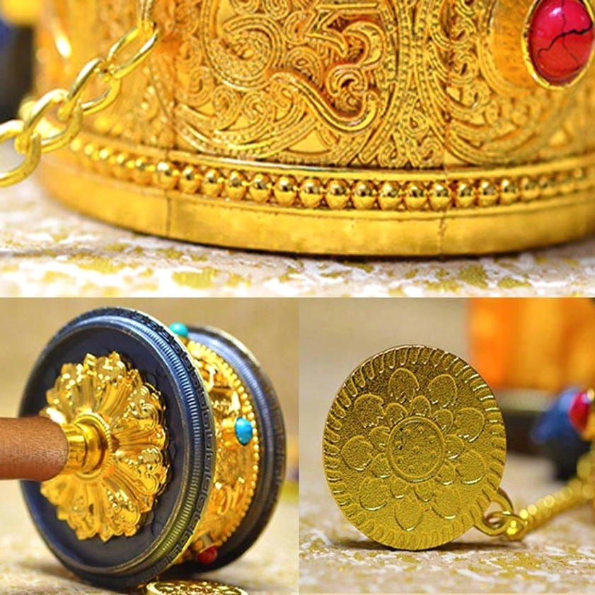 Close-up detail shots of Buddhist prayer wheel showing embossed gold metal surface, red gemstone setting, and flower-patterned pendant decoration