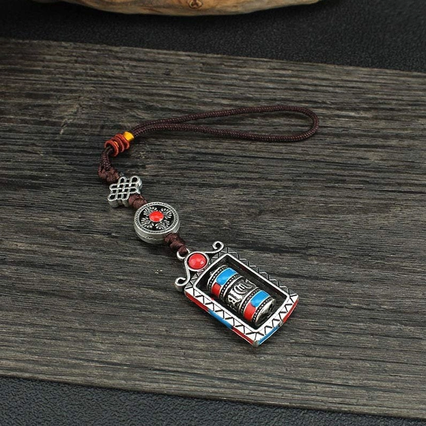 Prayer wheel ornament keychain with adjustable cord perfect for spiritual protection and mindfulness