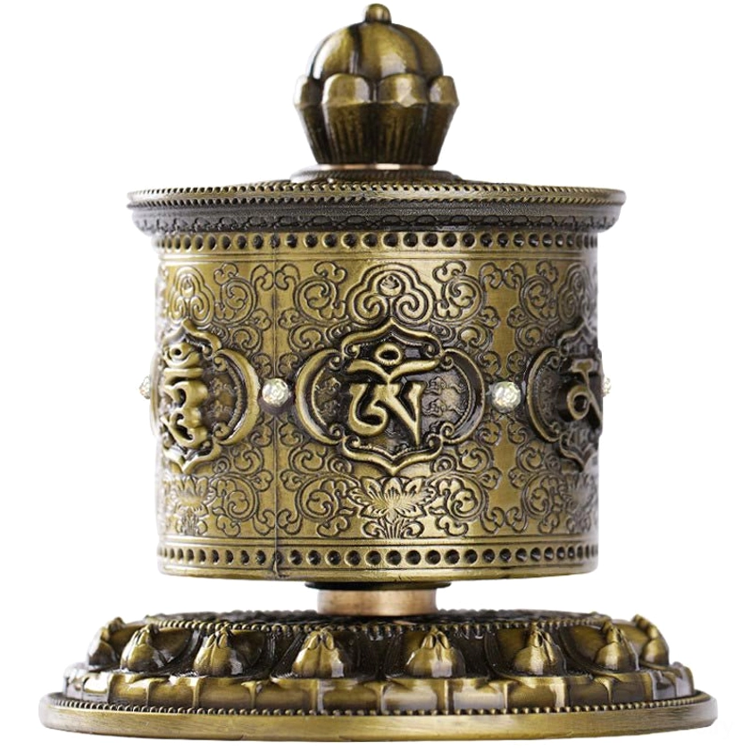 Artistic detail of Buddhist prayer wheel showing sacred geometry and traditional mantra engraving work