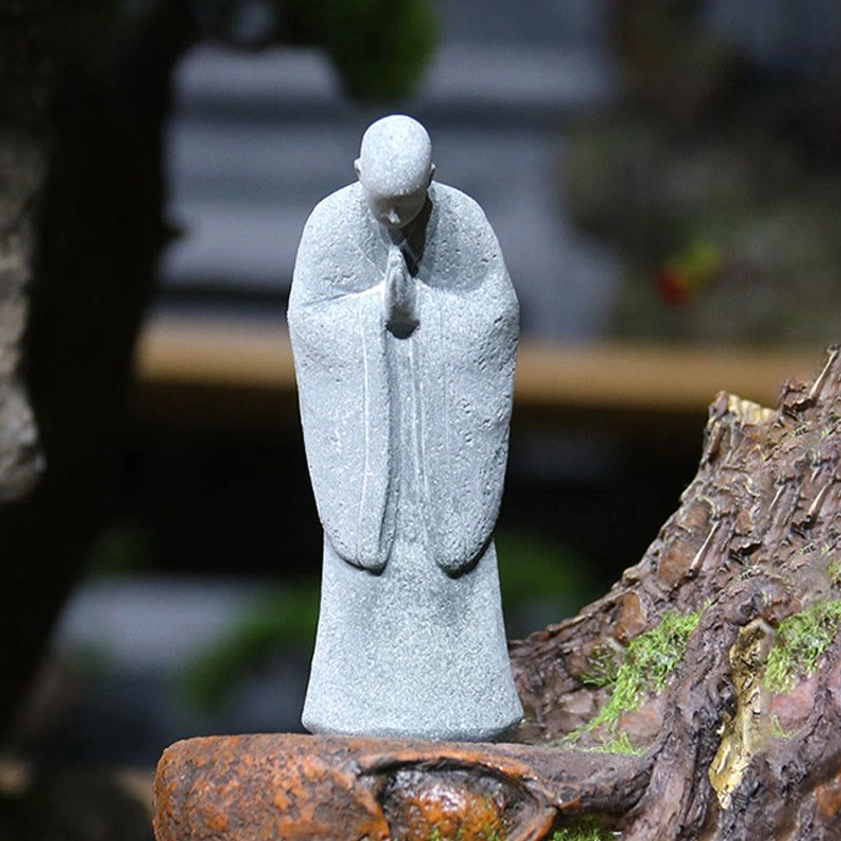 Praying Bowing Buddha Statue 9.5cm Grey Sandstone Contemplative Pose Decor