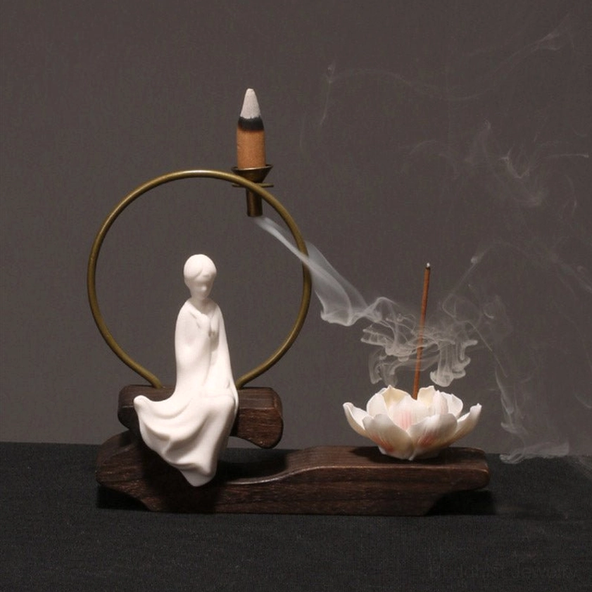 Praying monk figurine incense burner with side-flowing incense smoke and lotus censer, Buddhist prayer meditation décor