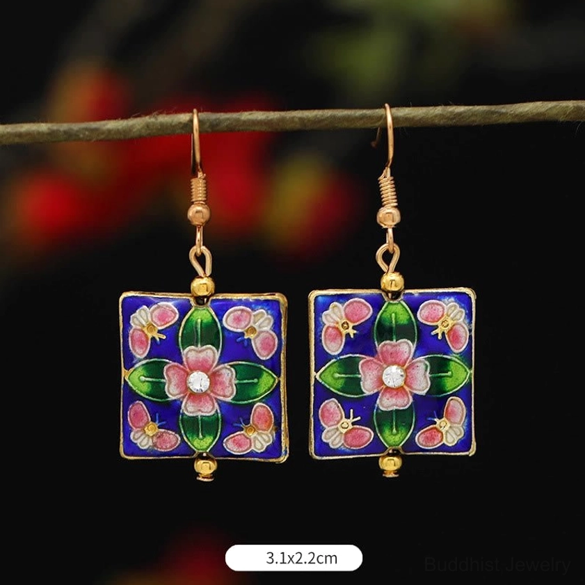 Premium handcrafted enamel earrings featuring Buddhist lotus symbols and copper materials