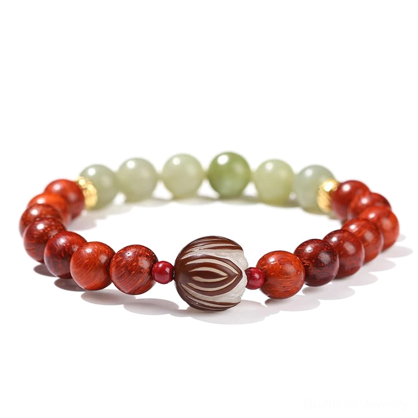Premium Buddhist bracelet unisex design with natural rosewood, cyan jade and sacred lotus Bodhi seed for meditation and wellness