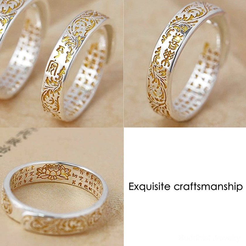 Premium handmade Buddhist ring showcasing peace joy symbolism with detailed lotus motif and carved scripture details