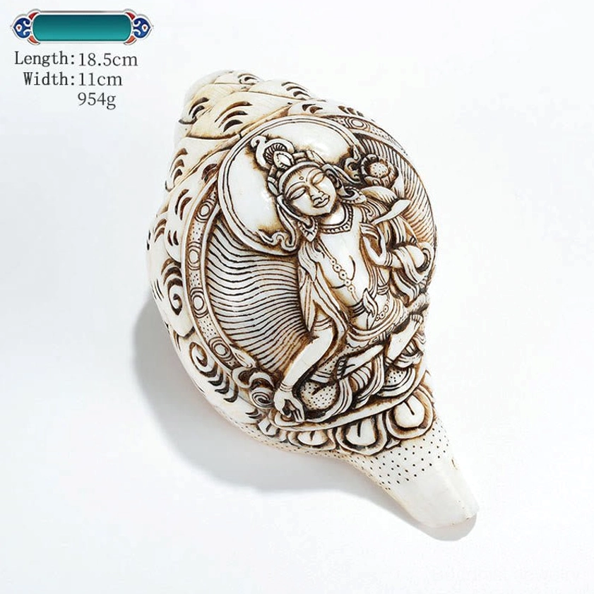 Premium Hand-Carved Buddhist Shankha Conch Shell with Sacred Deity Engravings and Cloud Patterns