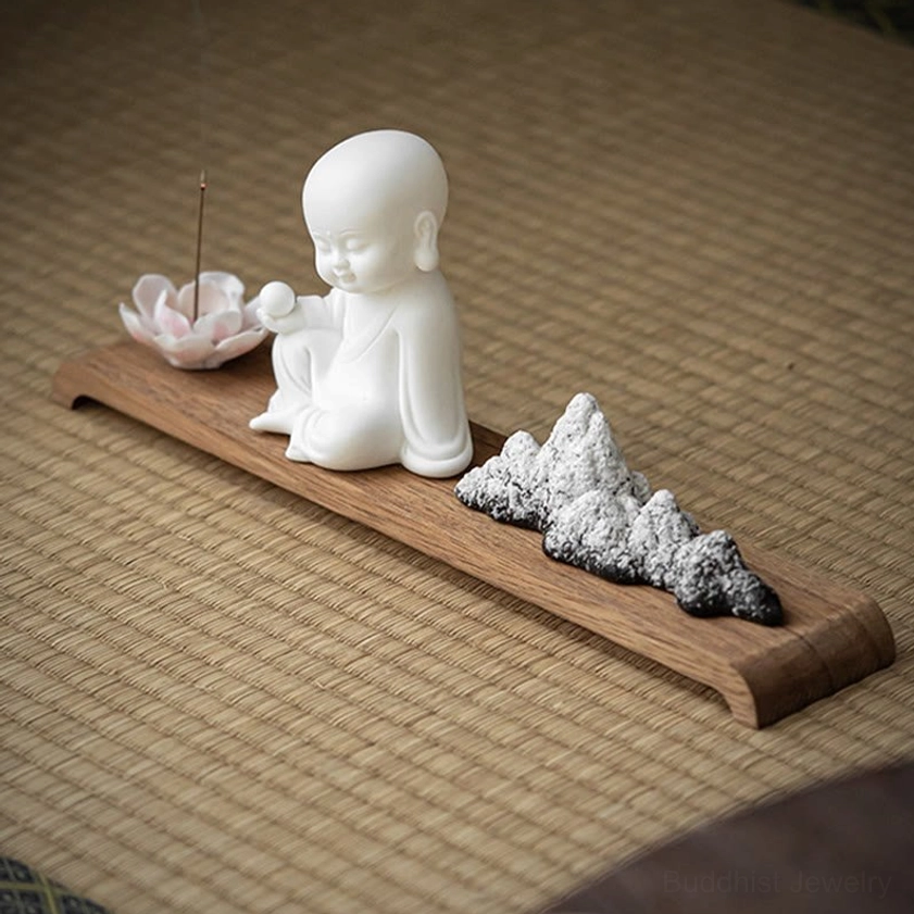 Premium ceramic incense burner with Bodhisattva figurine and eco-friendly natural wood stand