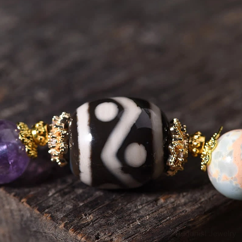 Premium Dzi bead bracelet with protective amethyst and tiger eye gemstones handmade spiritual jewelry