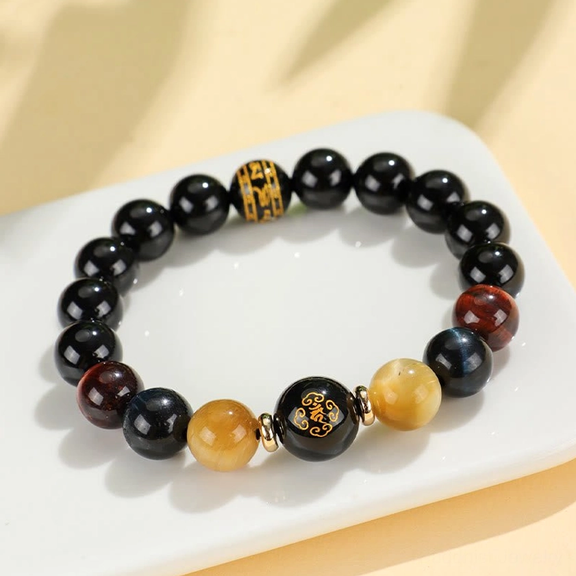 Black onyx tiger eye Buddhist bracelet premium elastic string construction and durability demonstration