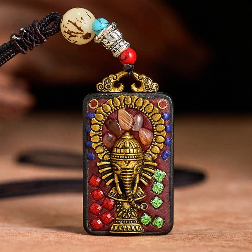 Premium handcrafted Ganesha wooden pendant necklace in natural ebony wood