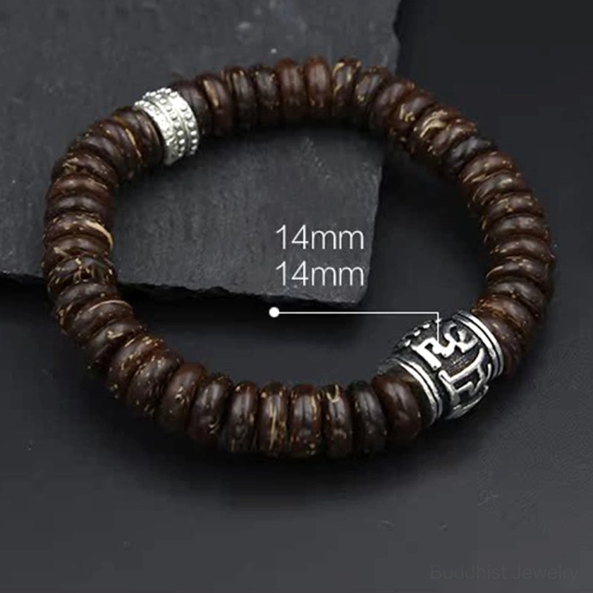 Premium handcrafted coconut shell Om Mani Padme Hum bracelet combining natural materials and spiritual significance