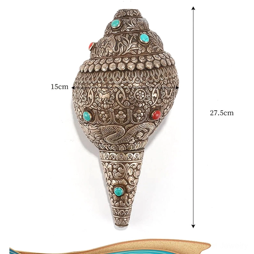 Premium natural Shankha conch shell spiritual home decor with authentic turquoise gemstones
