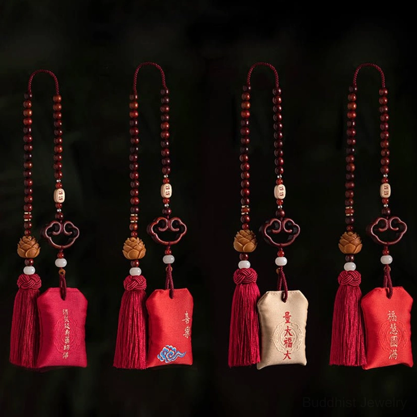 Premium small-leaf red sandalwood car hanging sachet with health blessing embroidery, protective cinnabar, and bodhi seed accessories