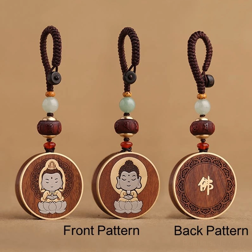 Premium rosewood Buddhist keychain with natural wood finish and spiritual significance