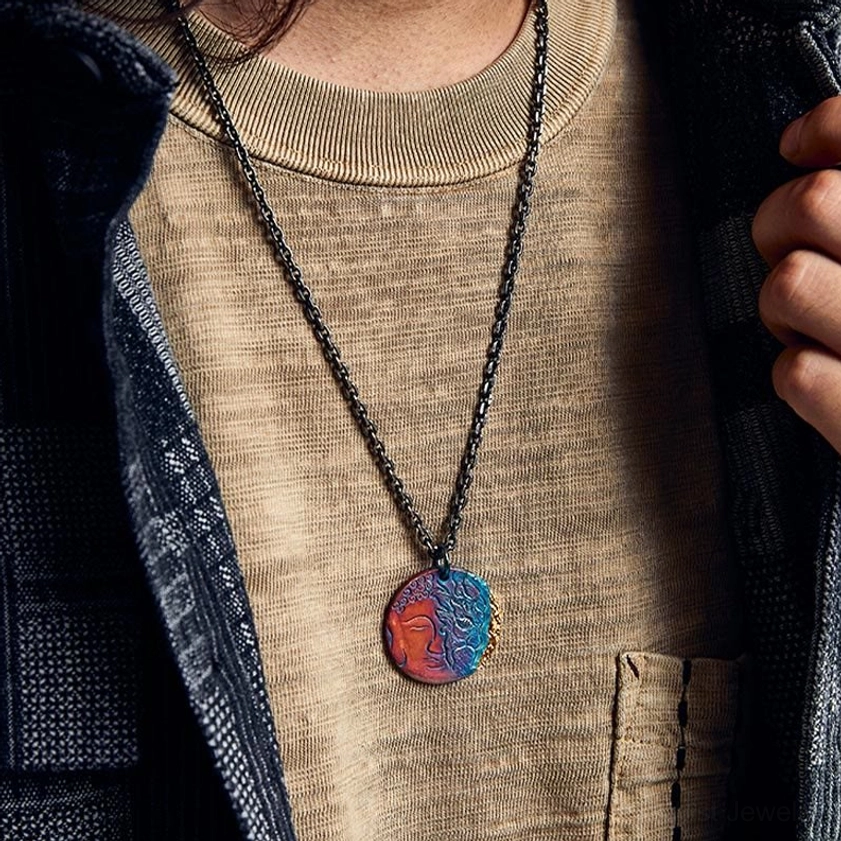 Premium sterling silver yin-yang Buddhist pendant necklace with protective demon face and compassionate Buddha face symbolism integrated design