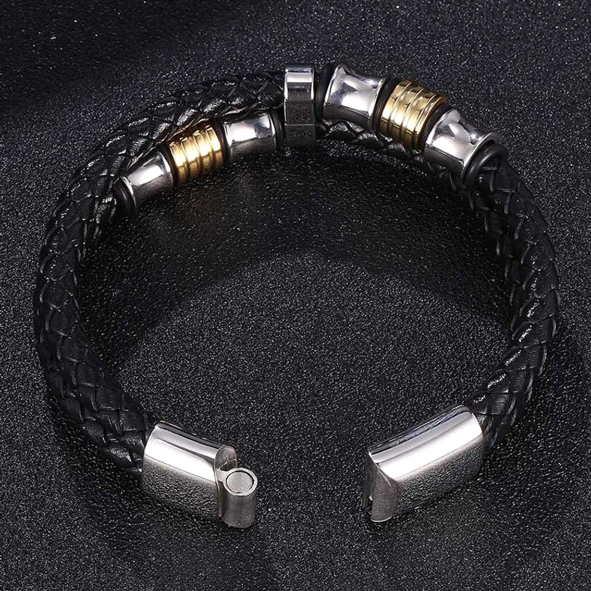 Premium titanium steel leather bracelet with secure magnetic stainless steel buckle closure
