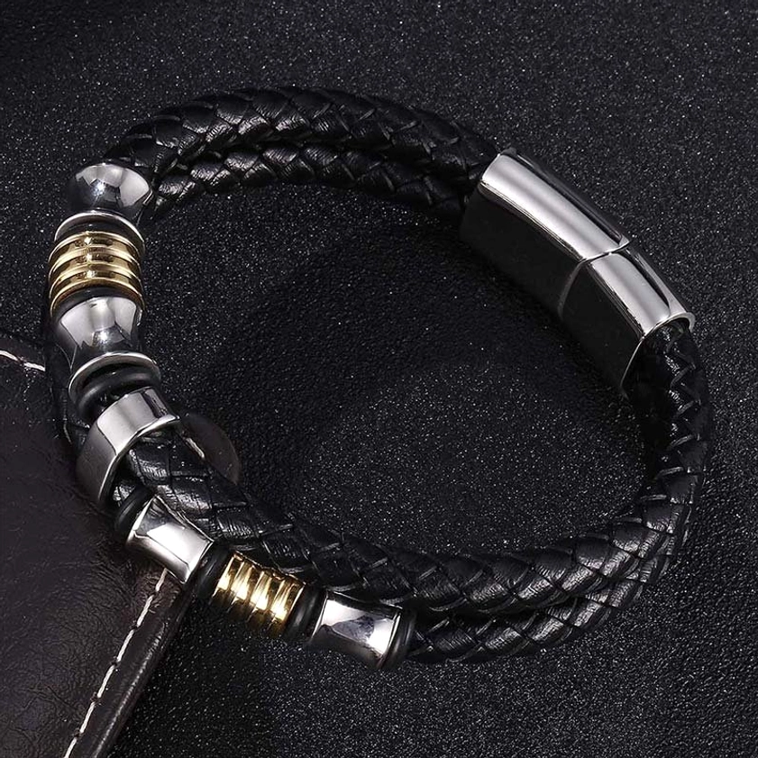 Protective energy titanium steel leather weave bracelet for spiritual practice and meditation