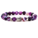 Purple agate Buddhist protection bracelet with silver Buddha charm, handmade 8mm beads, elastic wrist mala
