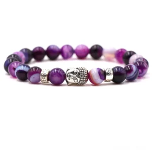 Purple agate Buddhist protection bracelet with silver Buddha charm, handmade 8mm beads, elastic wrist mala
