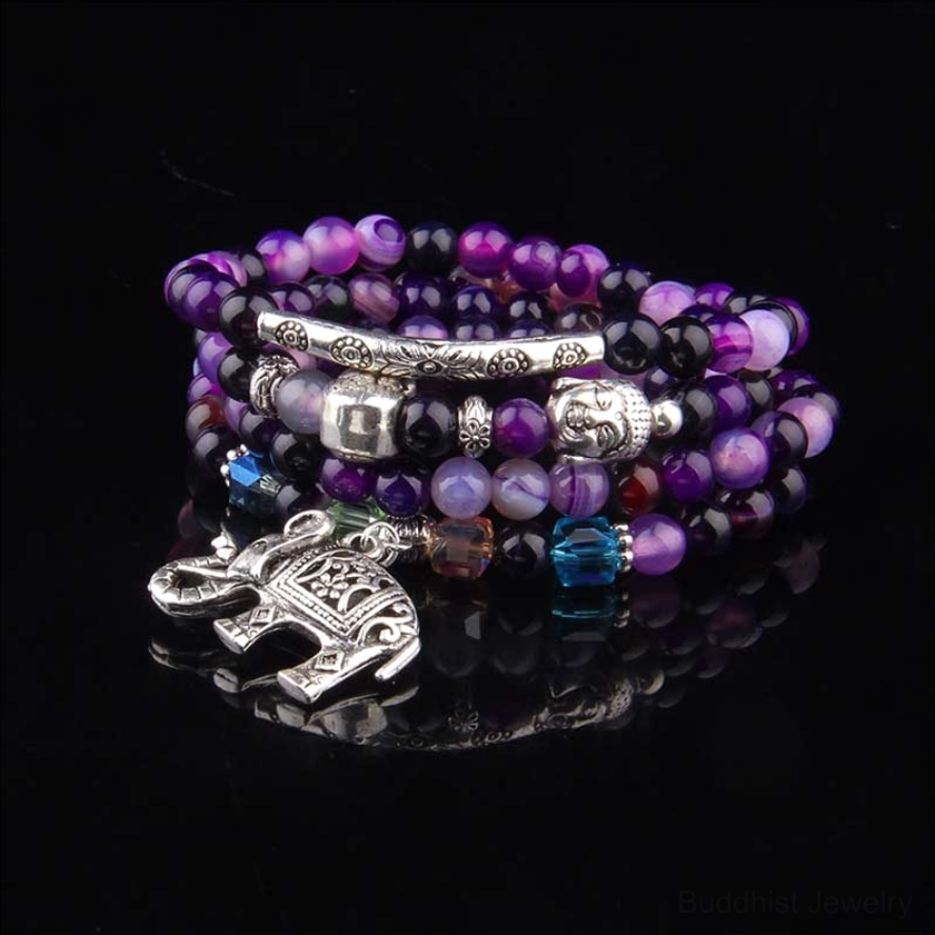 Purple Agate Elephant Buddha Bracelet - 6mm Natural Stones with Carved Elephant Charm
