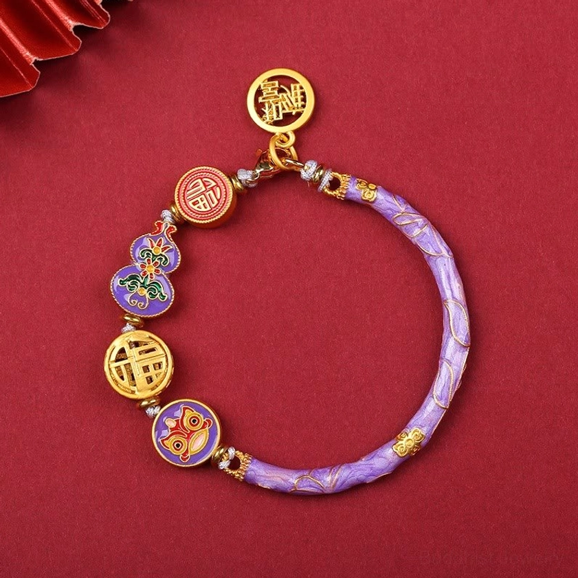 Purple enamel copper lion gourd prosperity bracelet with gold fortune charms for Buddhist wealth and protection