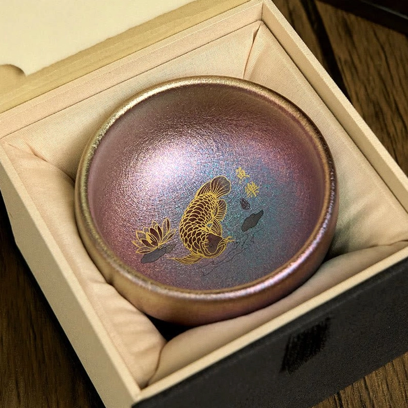 Purple gold Jianzhan ceramic teacup 150ml with velvet gift box packaging