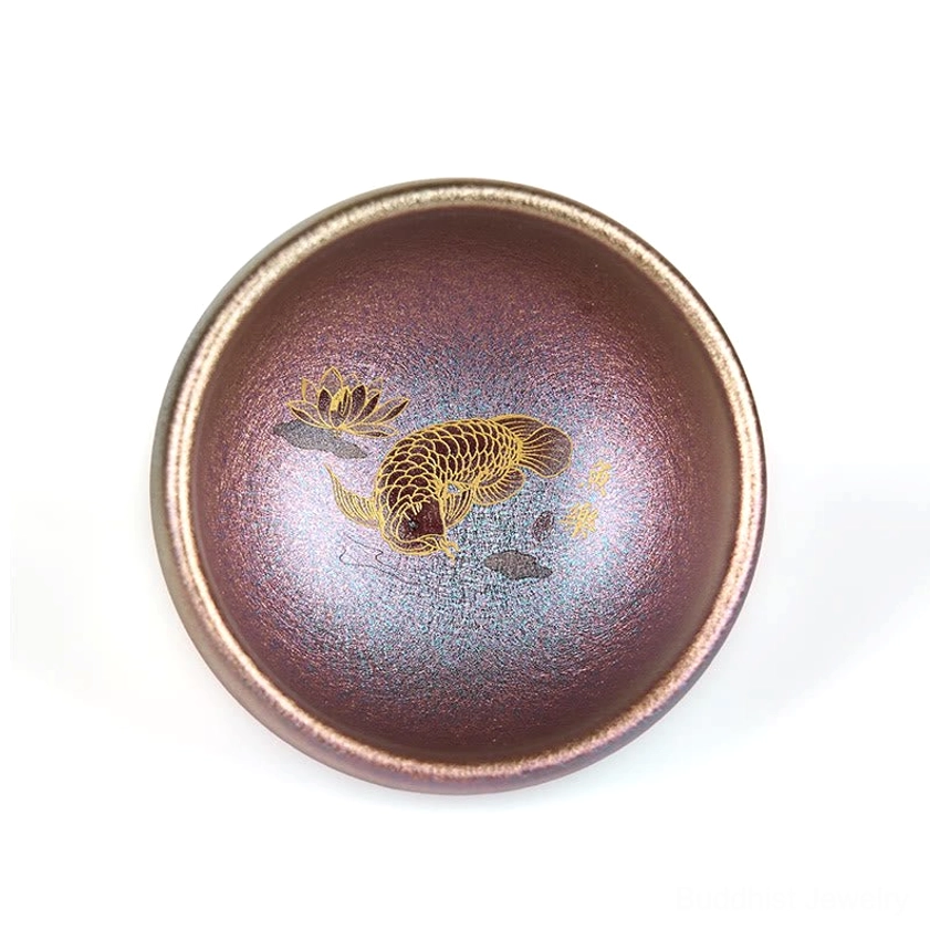 Purple gold koi fish lotus Jianzhan cup bottom view with maker seal handmade ceramic