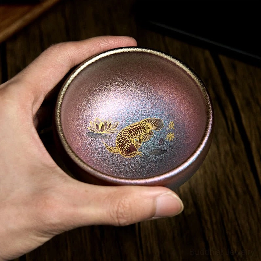Purple gold color Jianzhan koi fish lotus teacup side profile handmade ceramic