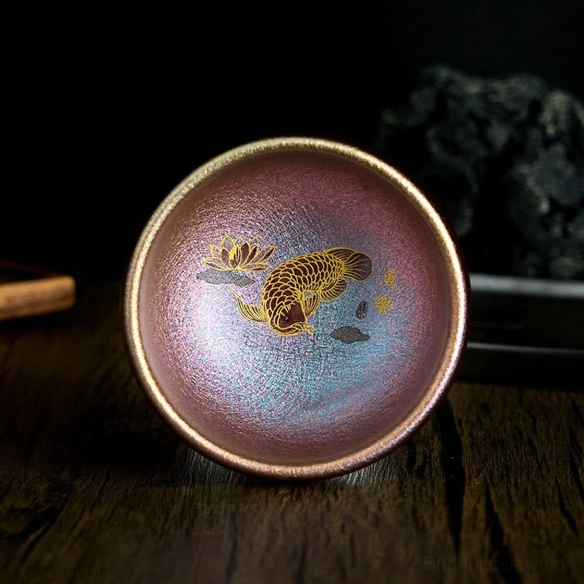 Purple gold koi fish Jianzhan tea cup 150ml handmade ceramic with lotus leaf pattern