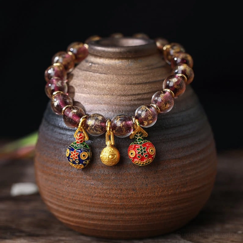 Purple gold gradient Liuli glass bead bracelet with gold swallowing beast Pixiu charms - intuition and spiritual awareness Buddhist prosperity bracelet