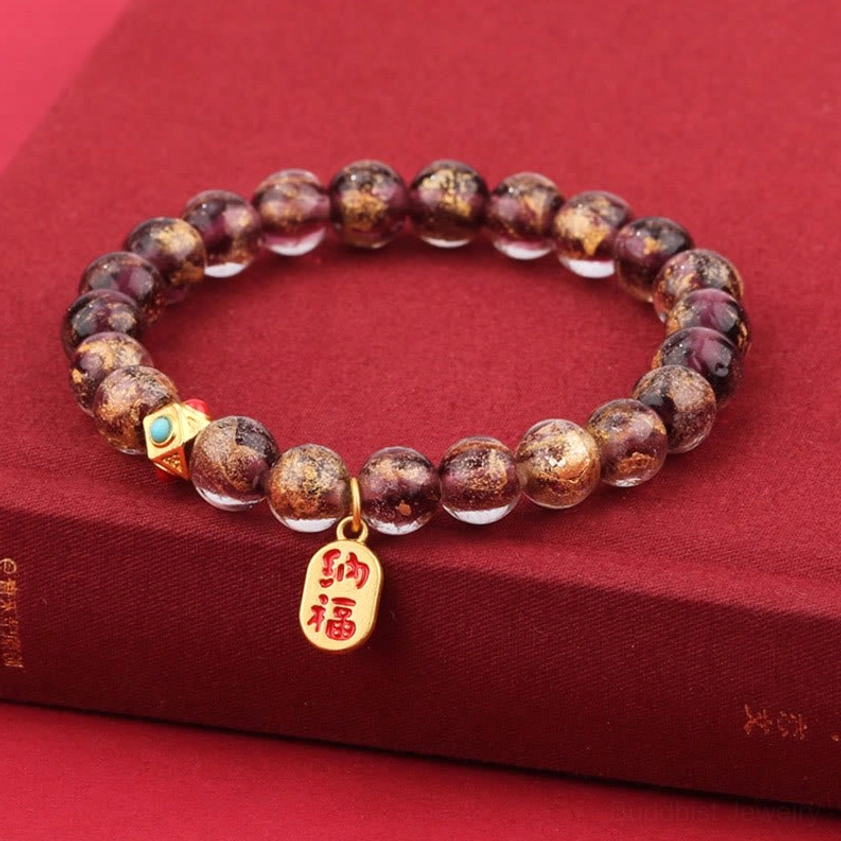 Purple liuli glass bead incense ash bracelet with Fu character charm for spiritual protection and prosperity