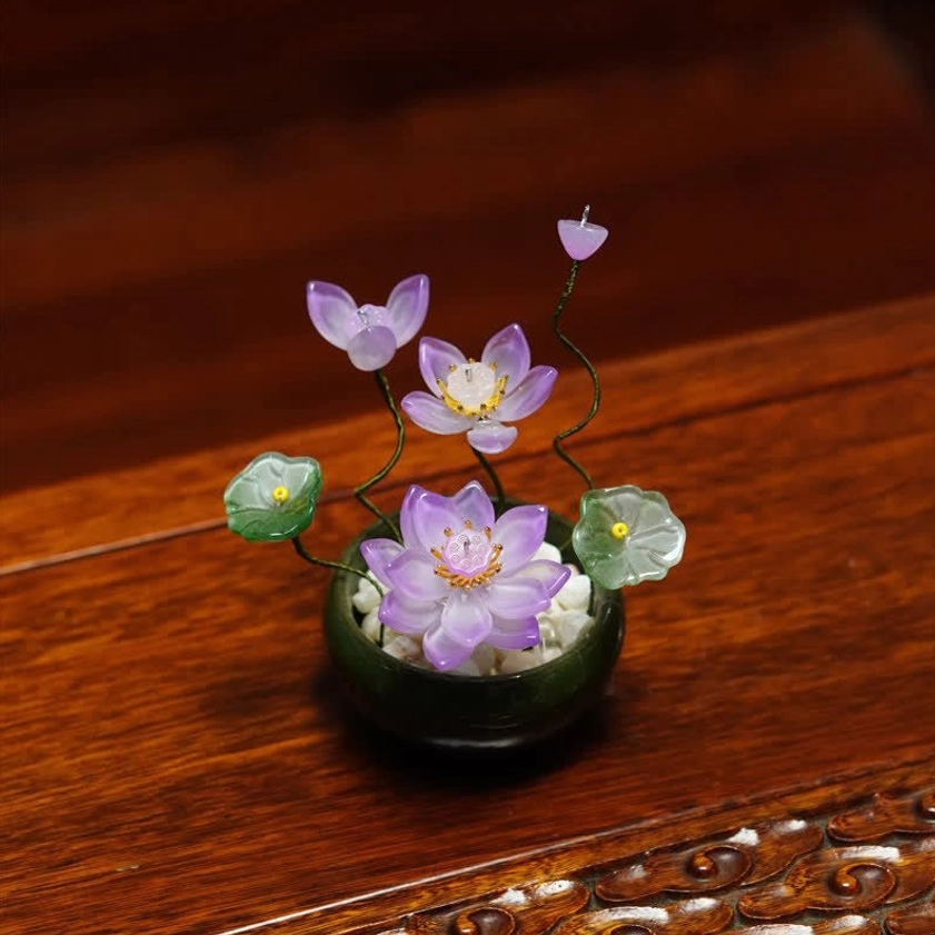 Purple liuli glass lotus flower pot with gradient petals handcrafted ceramic pot side angle