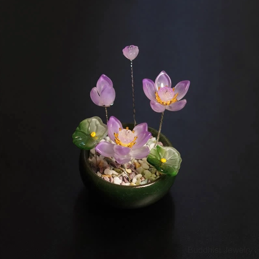 Purple Lotus Liuli Crystal Bonsai Decor - Translucent Purple Lotus Flowers with Green Lily Pads and Gravel Base for Enlightenment Symbolism