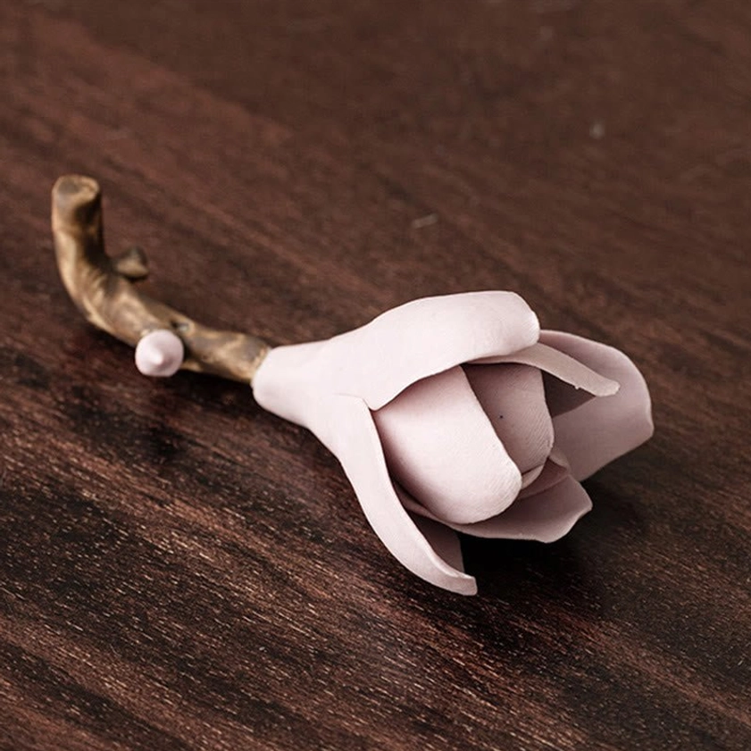 Purple ceramic magnolia incense holder with authentic handmade details for Buddhist spiritual practice and home altar