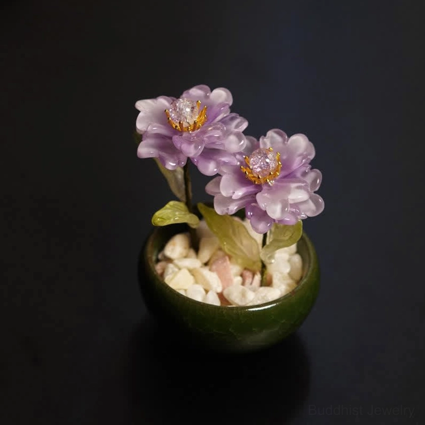 Purple Peony Liuli Crystal Bonsai Decor - Hand-Sculpted Glossy Purple Peony Blooms with Crystal Flower Centers and Green Resin Leaves