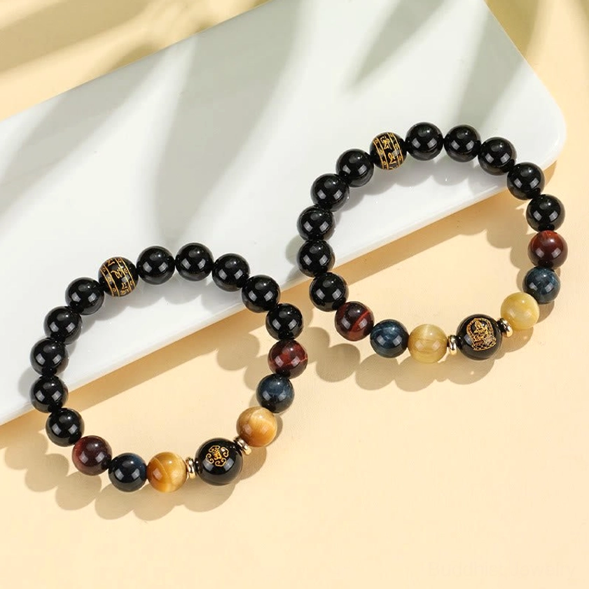 Rabbit zodiac natal Buddha variant with Manjushri Bodhisattva of black onyx tiger eye bracelet
