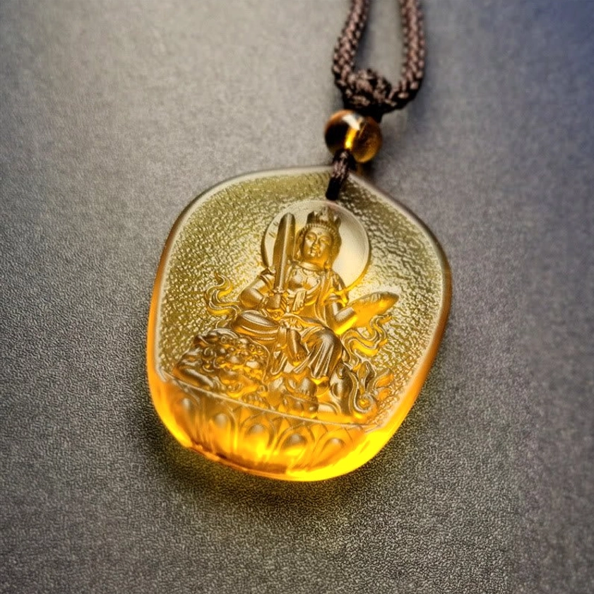 Rabbit Zodiac Manjushri Bodhisattva Liuli Crystal Pendant - Lion Mount Emboss, Amber Glass Craft