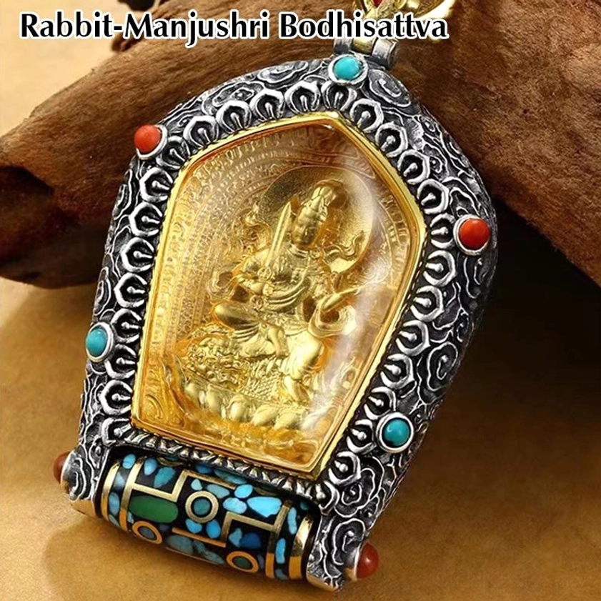 Rabbit Manjushri Bodhisattva Natal Buddha pendant with gold-plated Buddha carving, turquoise and coral inlays, cloud-patterned frame