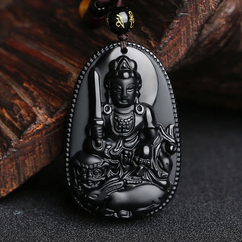 Rabbit zodiac Manjushri Bodhisattva natural black obsidian wisdom Buddha protection necklace
